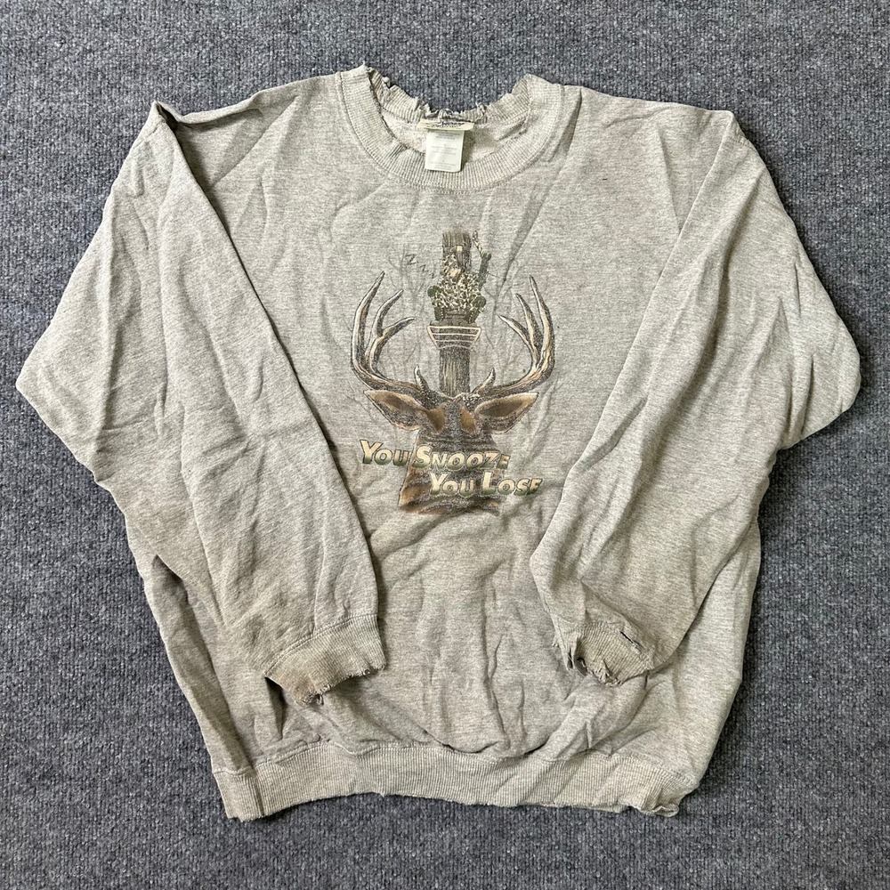 Artisans Sweatshirt Mens Size L Gray Distressed Deer Graphic You Snooze You Lose